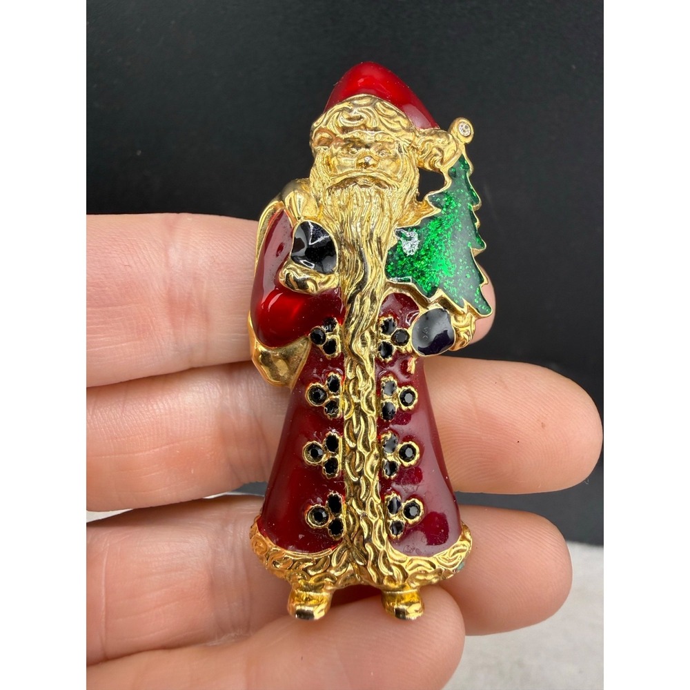 Vintage Santa‎ Clause Brooch Signed Anne Klein Enamel Gold Tone